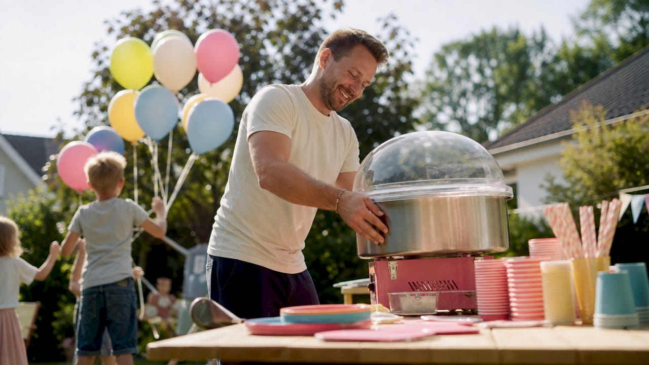 Mamma förbereder popcornmaskinen inför barnkalaset